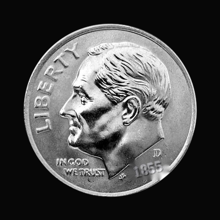 A silver dime dated 1855 on black