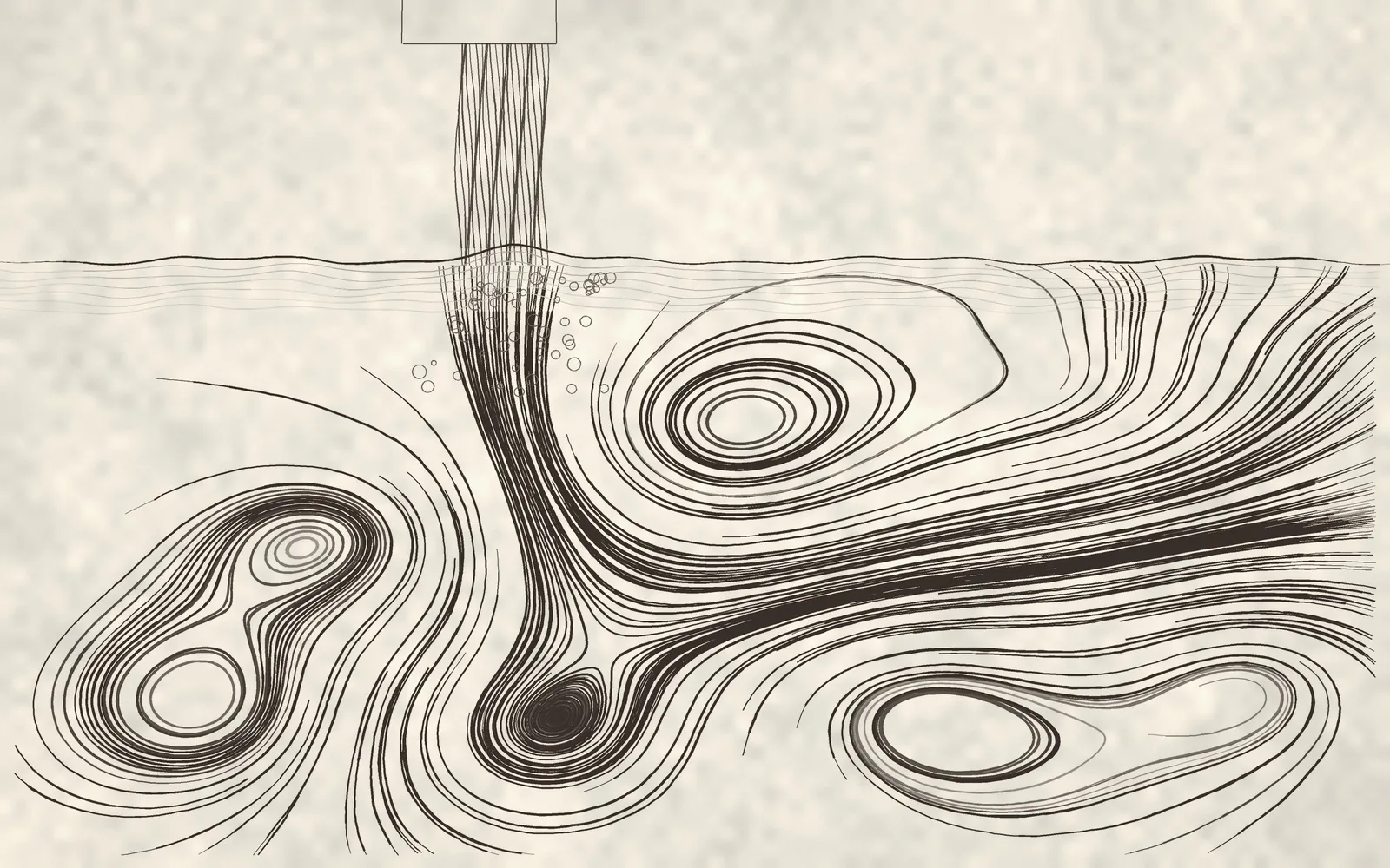Water falling into still water. The line of the pen chasing the line of the current.