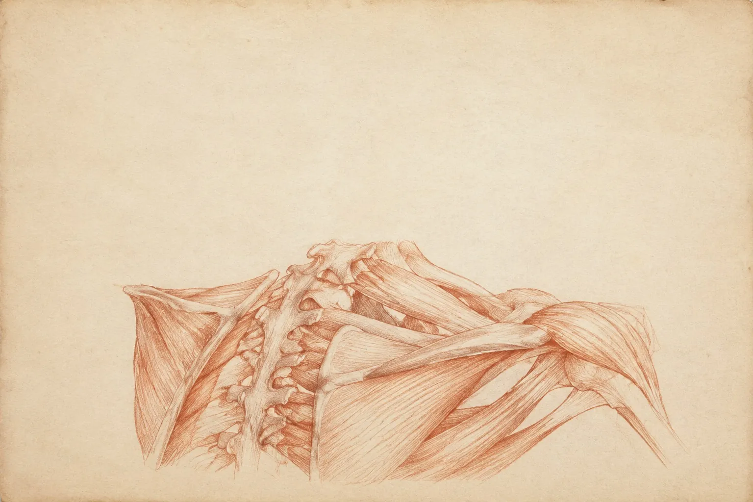 The shoulder, opened. Red chalk, the muscle described by hatching alone.