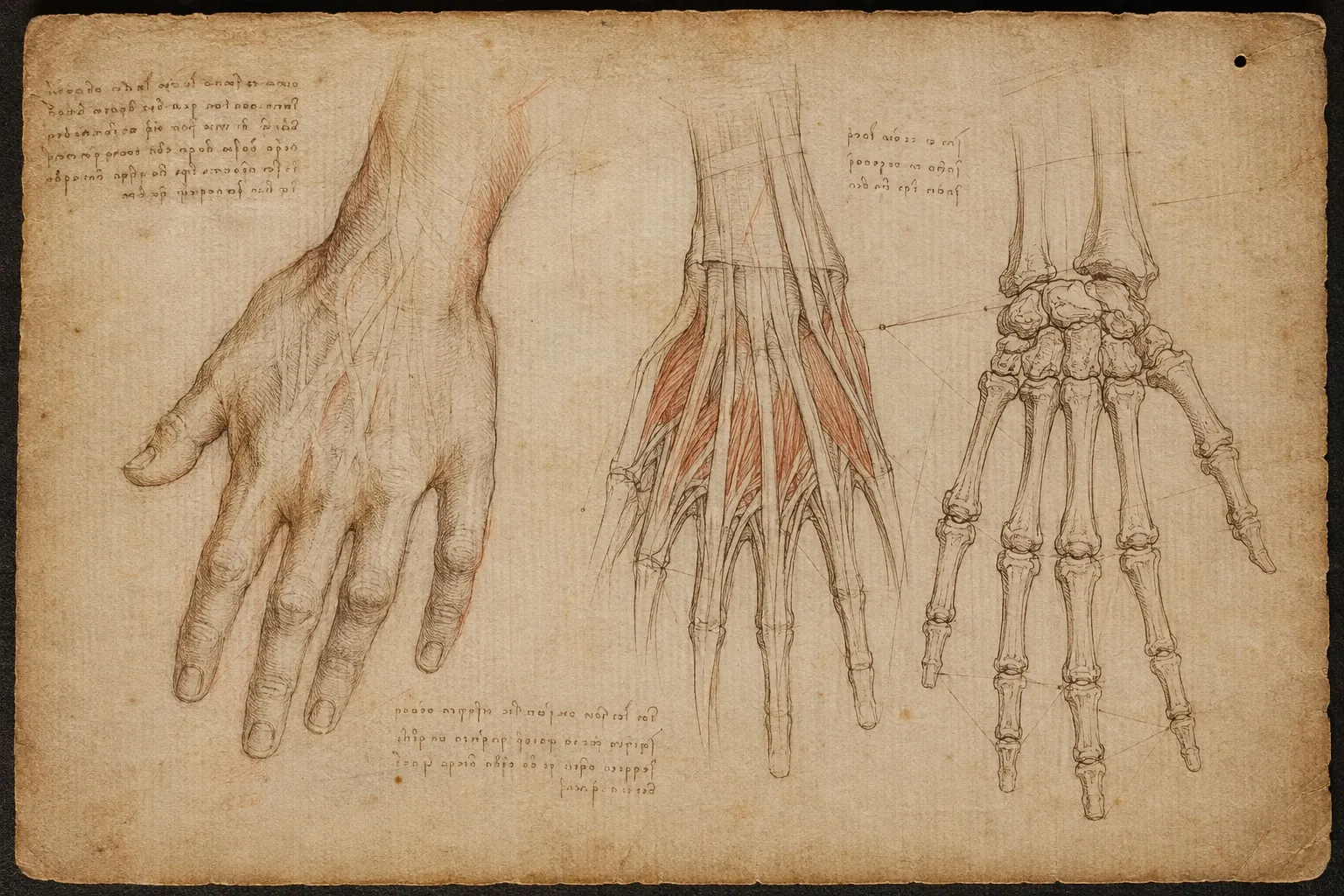 The hand three ways: skin, tendon, bone. A sheet like the ones he filled at night.