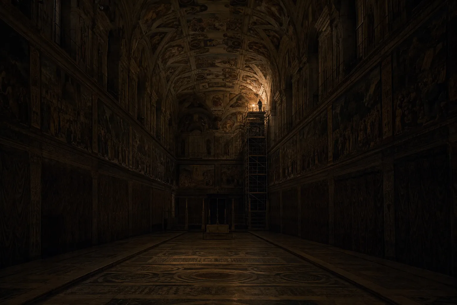 A painter’s scaffold at night. Bandello’s Leonardo climbed at dawn and came down at dark.