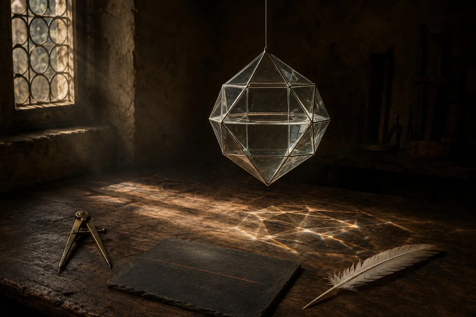 A hollow solid of glass, half full of water, the way Pacioli’s portraitist showed it. Mechanics, the paradise of the mathematical sciences.