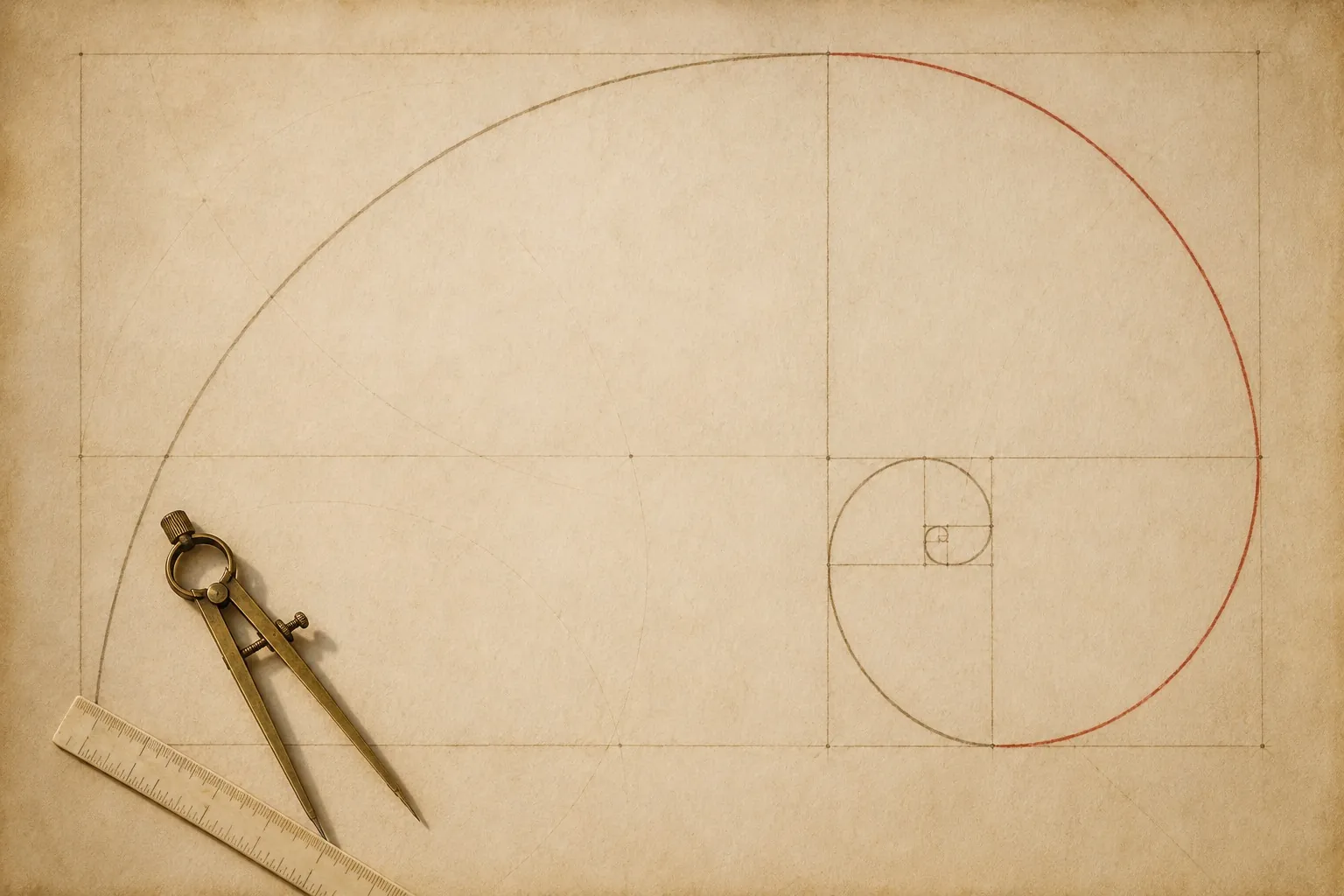 A spiral built from squares with compass and straightedge. Proportion as something you draw, not something you feel.