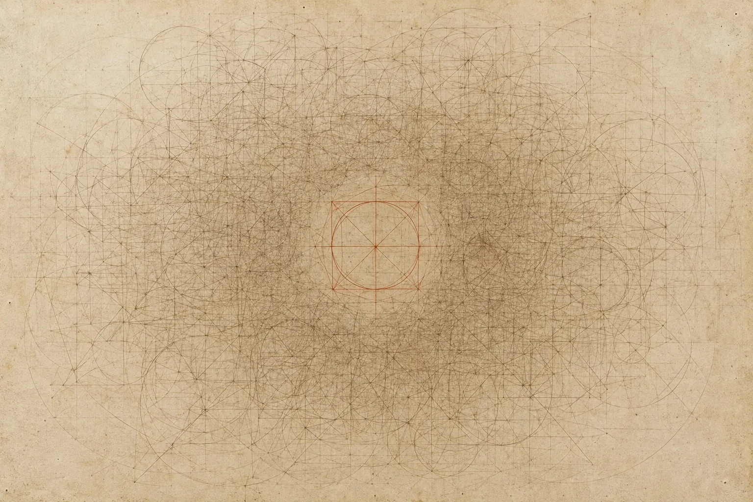 Hundreds of attempts to square the circle, and one in red chalk. He never stopped trying.
