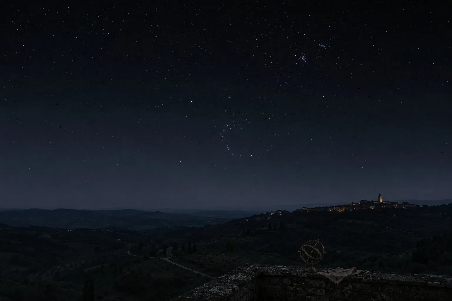 The constellations. Orion over the hills, and the instrument he trusted over the astrologers.