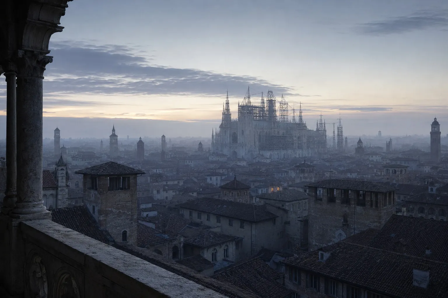 Milan. The cathedral in its scaffolding, as it stood for all his years there. He sent a model for the crossing tower and took it back.
