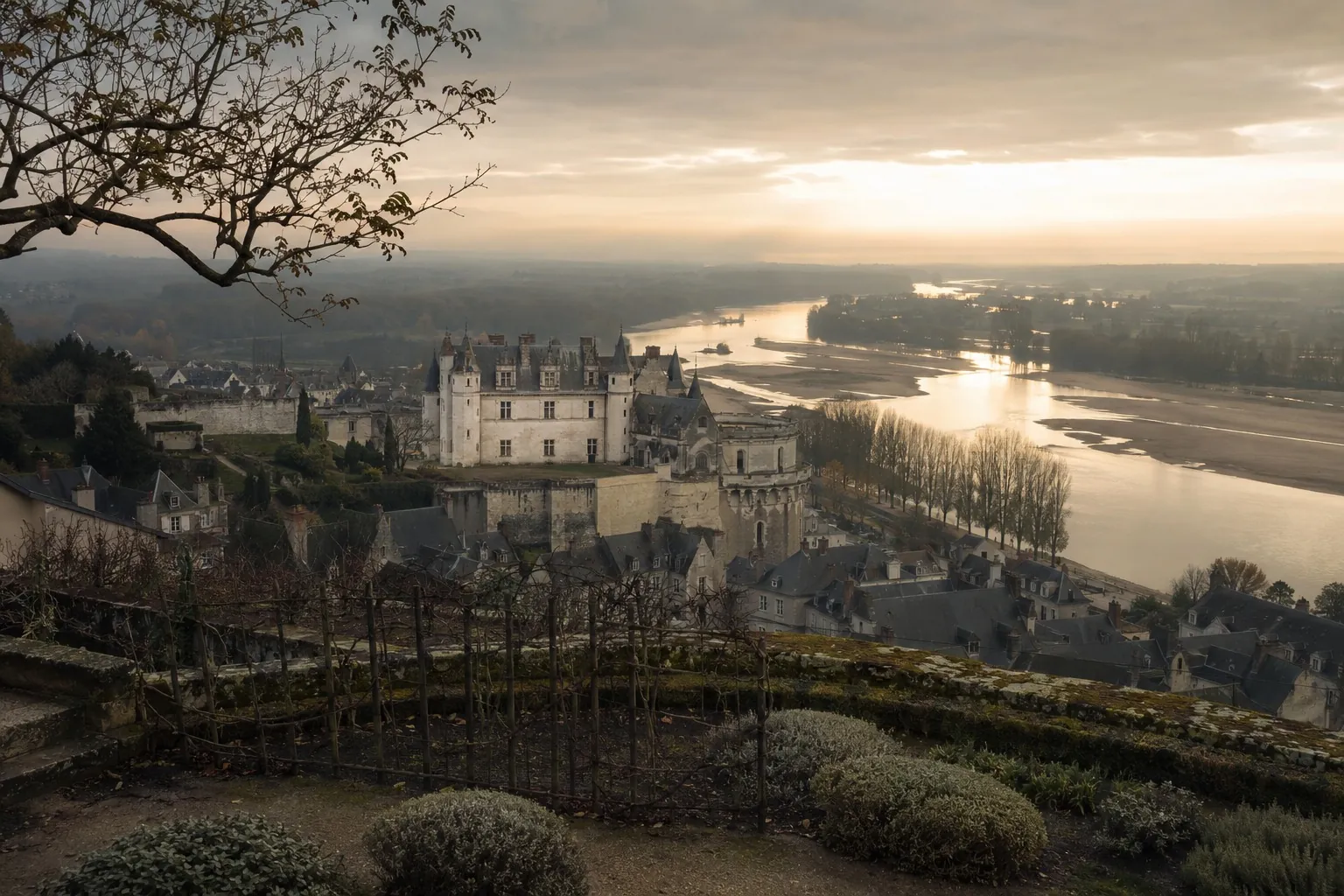 Amboise. The château above the Loire, the manor a few hundred yards behind it, the last river he drew.