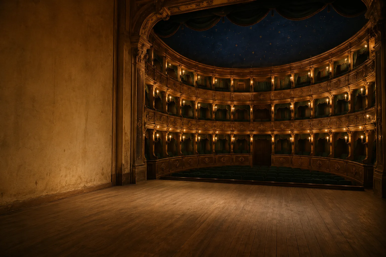 The Theater auf der Wieden. A wooden house in the suburbs, a starry sky painted above the stage.